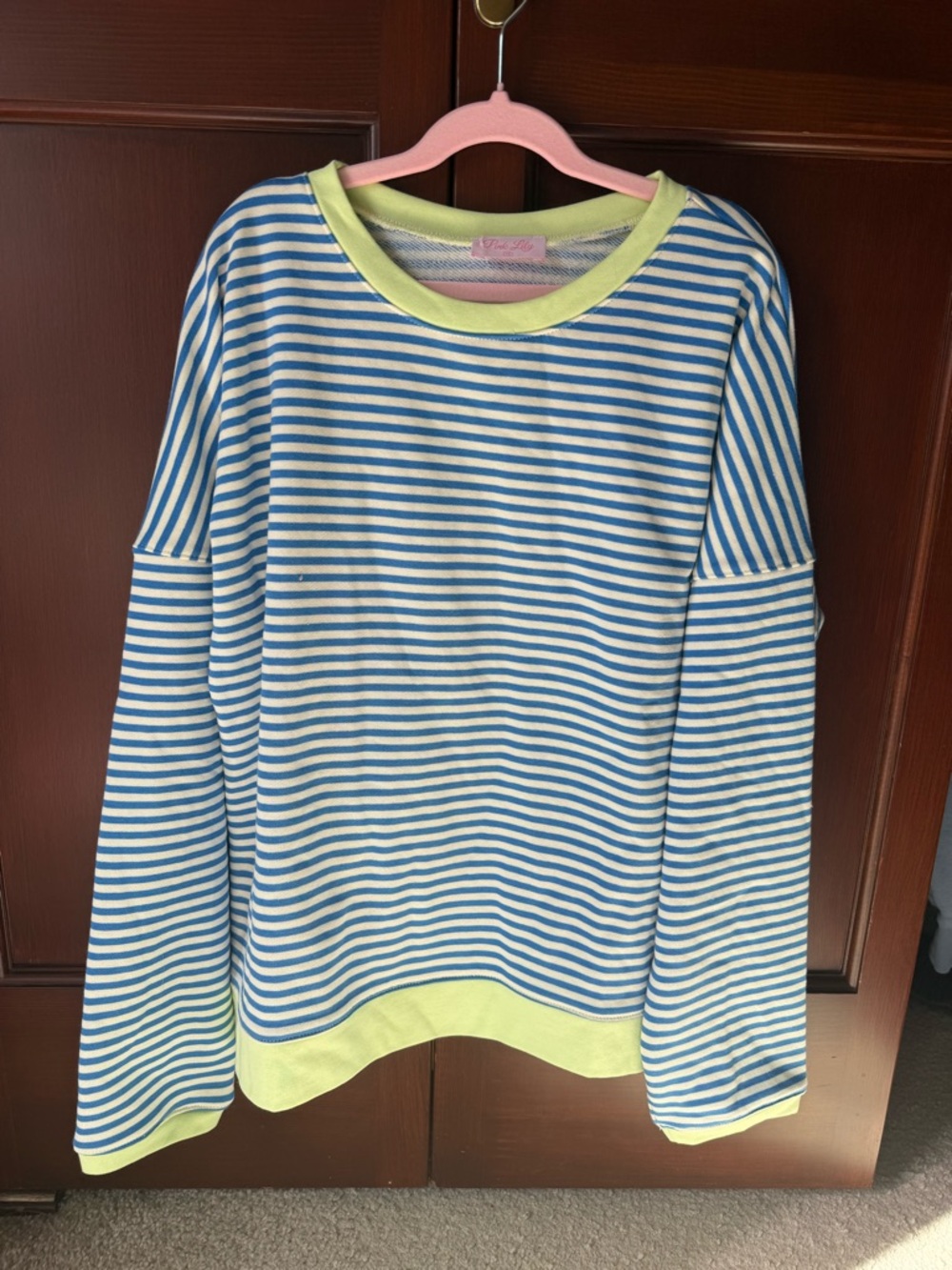 Pink Lily Blue & White Striped Top with Lemon Trim